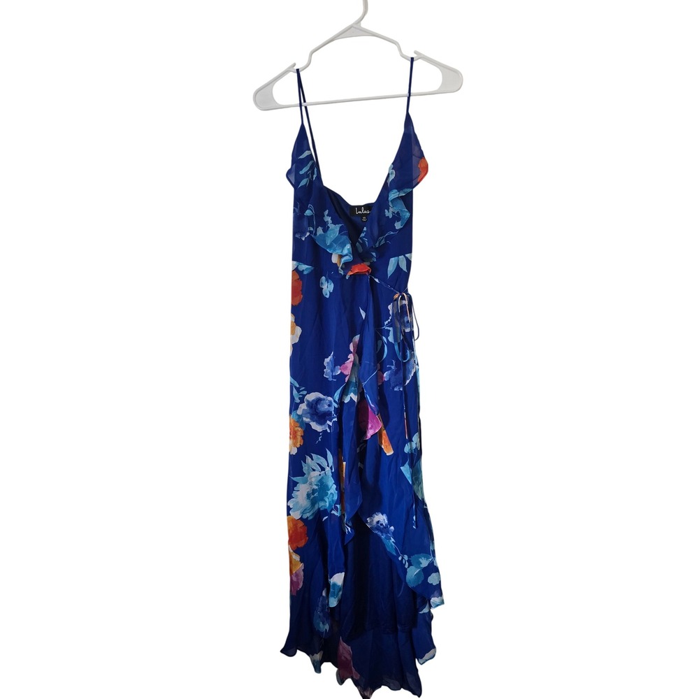 Lulus Ladean Royal Blue Floral Print Ruffled Wrap Maxi Dress XS NWT Resortwear